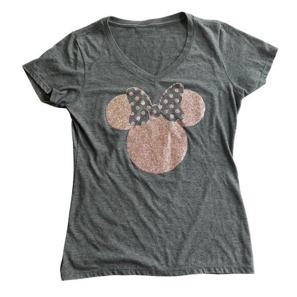 MINNIE MOUSE Disney Pink Glitter Sparkley Minnie Grey V-Neck T-shirt Women's M - Picture 1 of 7